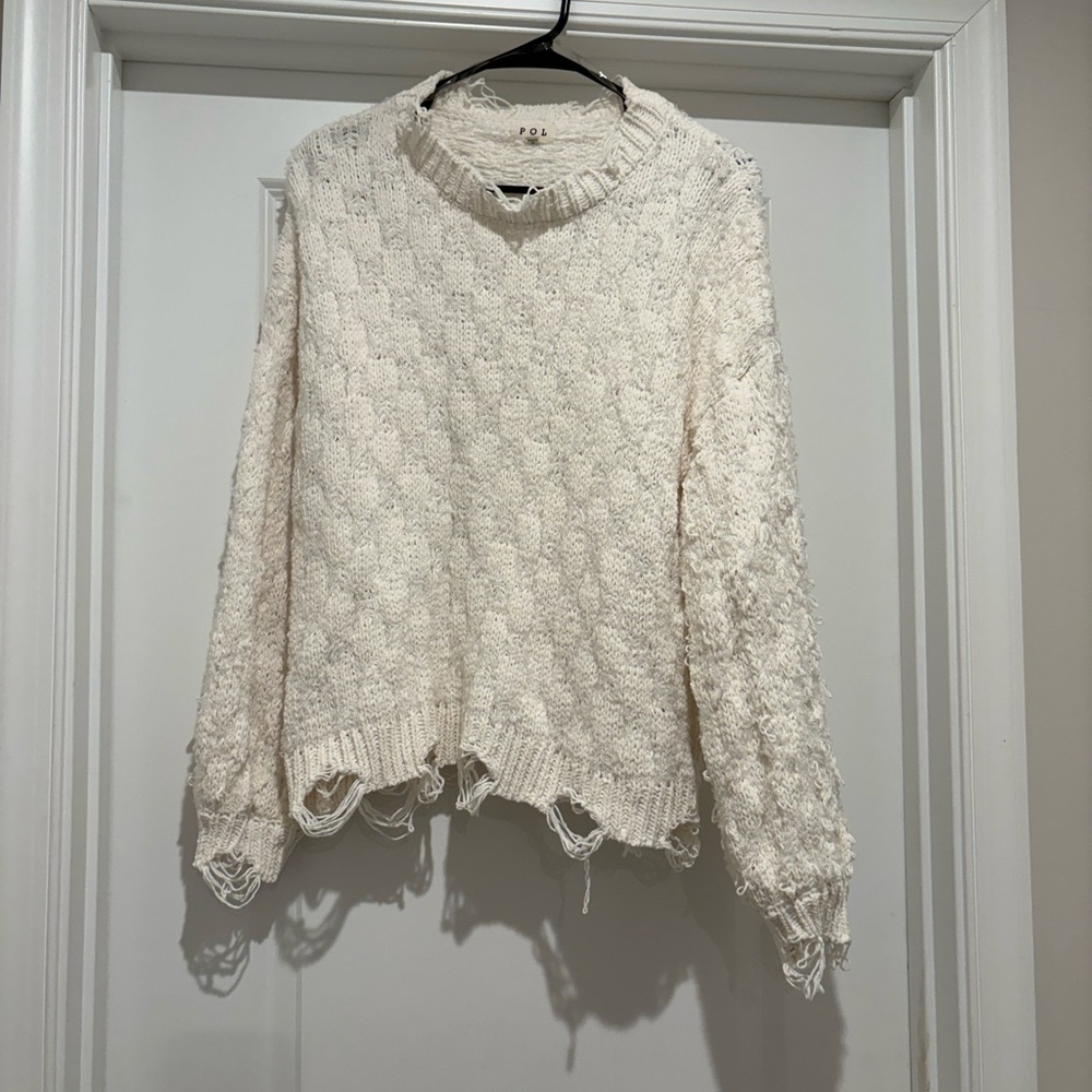 Cozy Cream Distressed POL Sweater